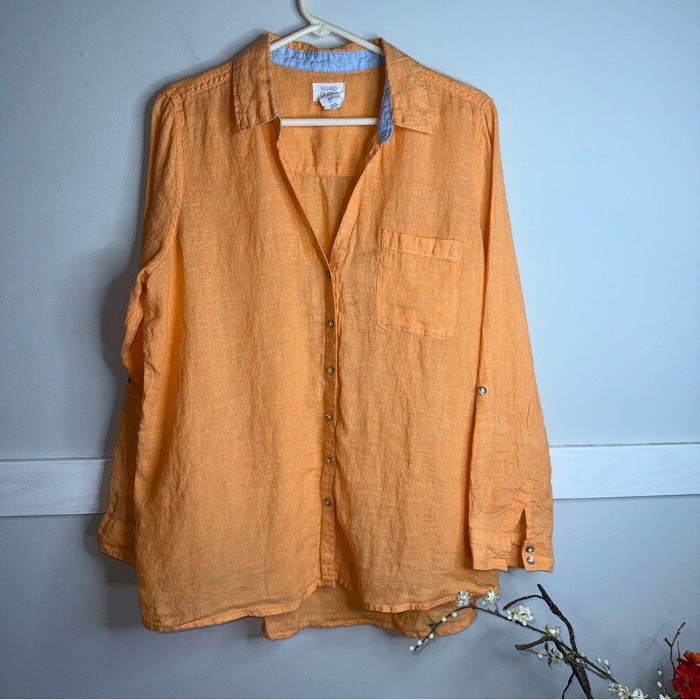 Sigrid Olsen Orange Casual Button Down Shirt Linen Long Sleeve